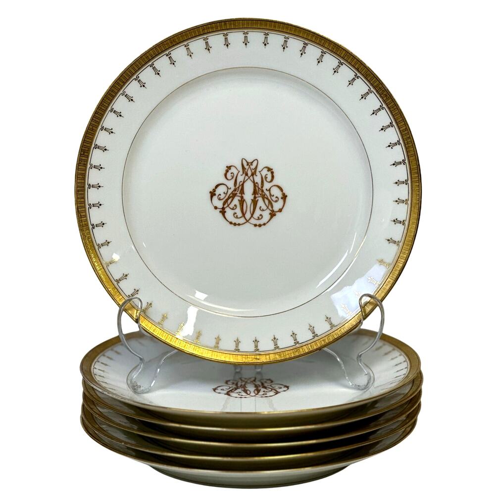 Antique Limoges Mid-1800's Porcelain Plates Elegant Gilded Design-Stunning Set 6